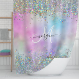 ホログラフィックグリッターレインボーパステルズモノグラム シャワーカーテン