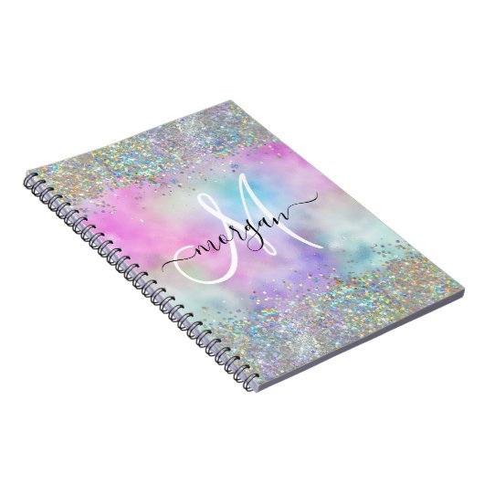 ホログラフィックグリッターレインボーパステルズモノグラム ノートブック (右側)