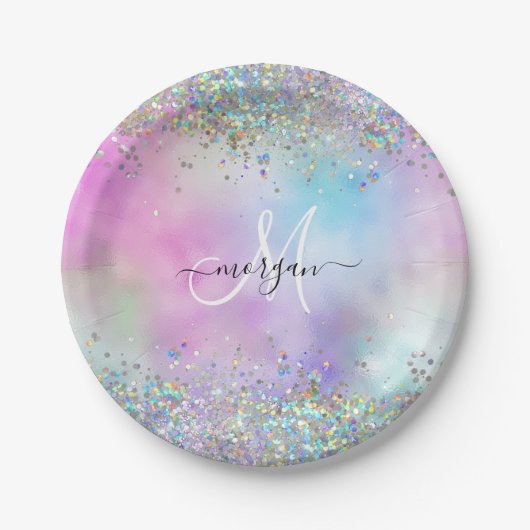 ホログラフィックグリッターレインボーパステルズモノグラム ペーパープレート (正面)