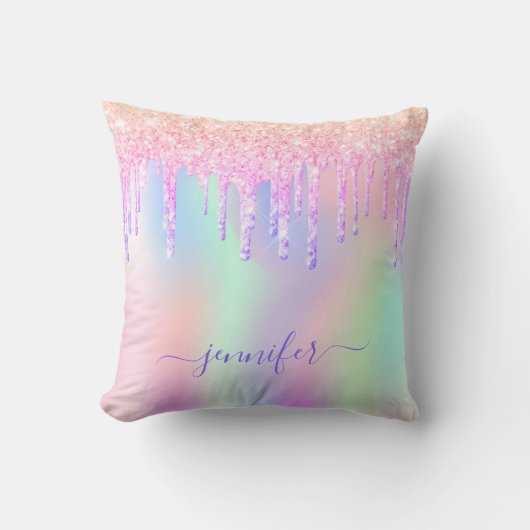 ホログラフィックグリッターレインボーモノグラムピンクの輝き クッション (正面)