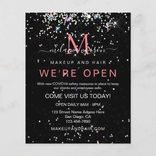 ホログラフィックグリッター我々はオープンサロンブラックエレガント チラシ (正面)