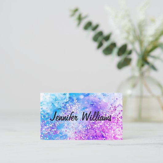 ホログラフィックグリッター水色インクエレガント美しい 名刺 (スタンド正面)