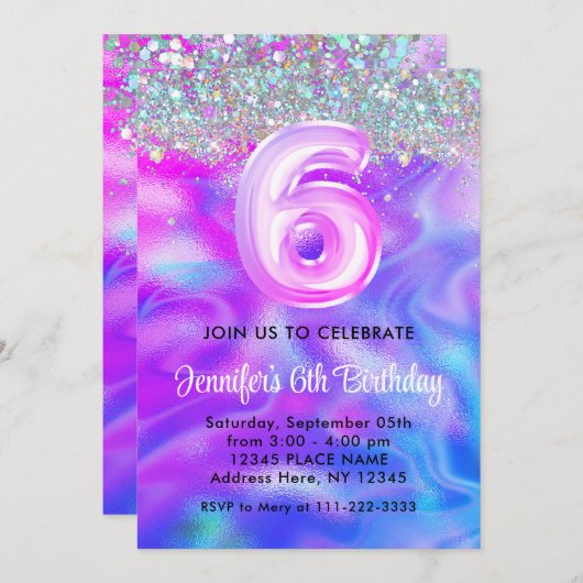 ホログラフィックグリッター第6紫ガーリー誕生日 招待状 (正面/裏面)