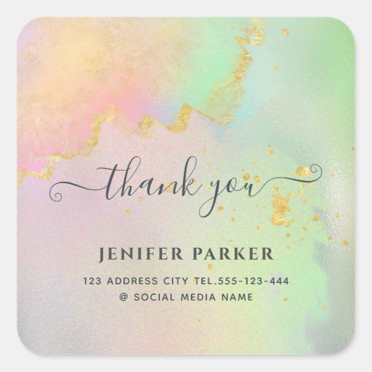 ホログラフィックゴールド水彩スクリプトありがとうクラス スクエアシール (正面)