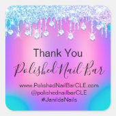 ホログラフィックサンキューダイヤモンドドリップス爪、 ネイルブルー スクエアシール (正面)