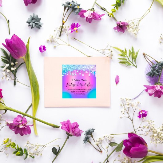 ホログラフィックサンキューダイヤモンドドリップス爪、 ネイルブルー スクエアシール