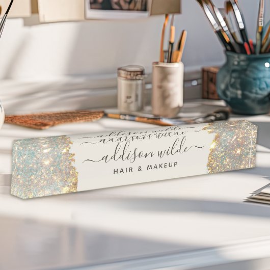 ホログラフィックシグネチャーモダンスクリプトGlamグリッター デスクネームプレート