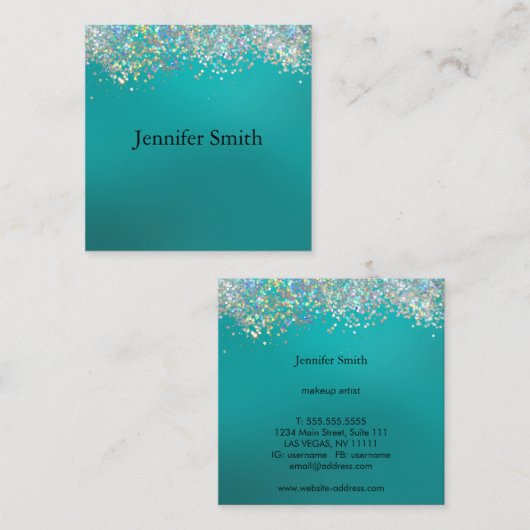 ホログラフィックシルバーグリッターブルーメイクアップアーティスト スクエア名刺 (正面/裏面)