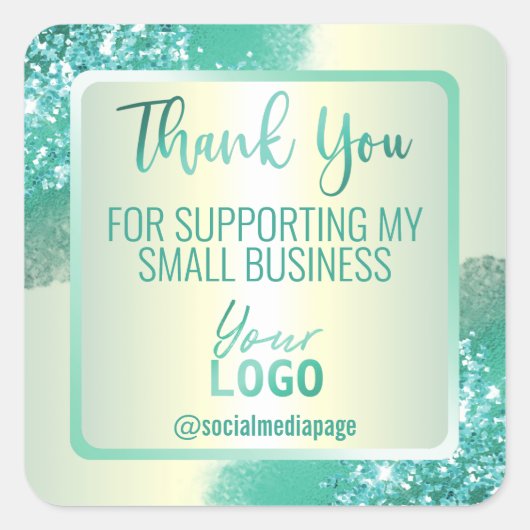 ホログラフィックティール(緑がかった色)ミントサンキュービジネスロゴ スクエアシール (正面)