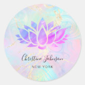 ホログラフィックデザイン上のパープルフェイクロータスロゴ ラウンドシール (正面)