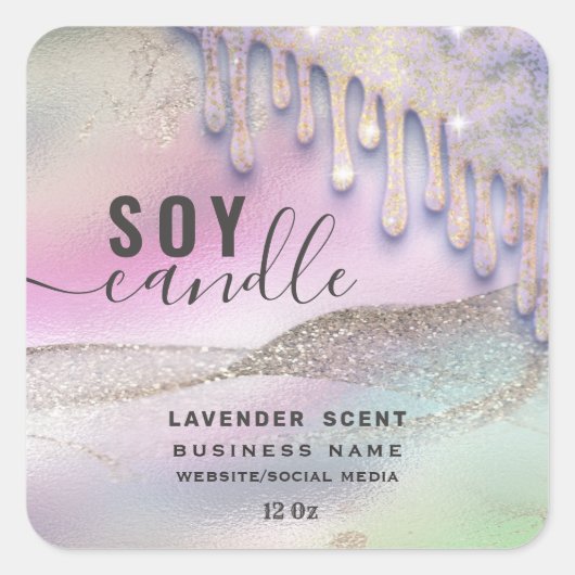 ホログラフィックドリップスの輝くスクリプト ソイキャンドルラベル スクエアシール (正面)