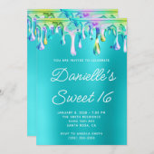 ホログラフィックドリップターコイズブルースウィート16 招待状 (正面/裏面)