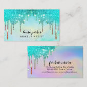 ホログラフィックドリップティール（緑がかった色）化粧美容師 名刺 (正面/裏面)