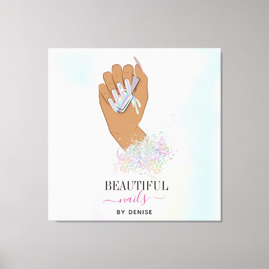 ホログラフィックネイルサロン女性手爪、 ネイル技術者 キャンバスプリント (正面)