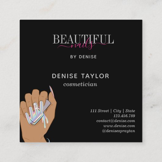 ホログラフィックネイルサロン女性手爪、 ネイル技術者 スクエア名刺 (裏面)