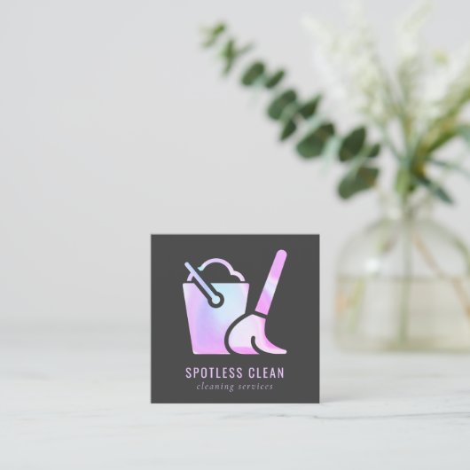 ホログラフィックバケット箒掃除機清掃サービス スクエア名刺 (スタンド正面)