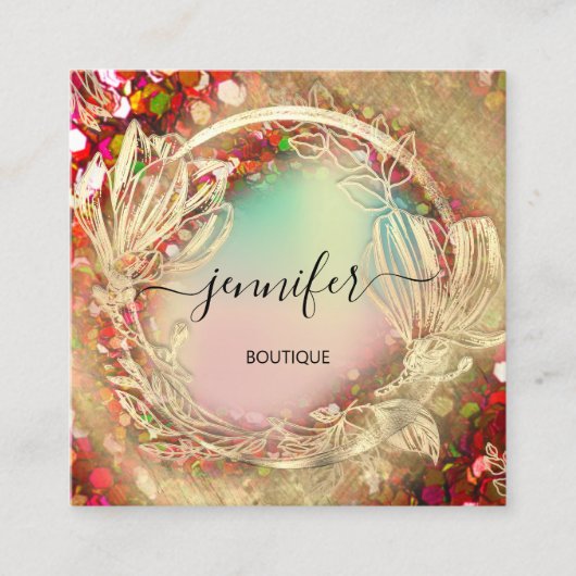 ホログラフィックバラレッドQrコードロゴ スクエア名刺 (正面)