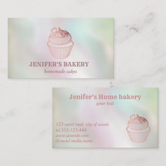 ホログラフィックバラ金ゴールドカップケーキ自家製ベーカリー 名刺 (正面/裏面)
