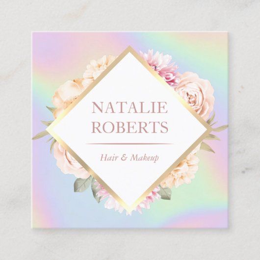 ホログラフィックパステルフローラメイクアップアーティストヘアサロン スクエア名刺 (正面)
