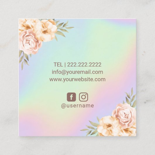 ホログラフィックパステルフローラメイクアップアーティストヘアサロン スクエア名刺 (裏面)