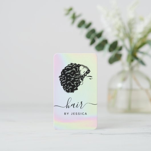 ホログラフィックパステルレインボーユニコーンアフロヘアガール 名刺 (スタンド正面)