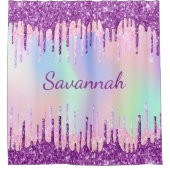 ホログラフィックパープルグリッターはピンクのモノグラムを乾燥させる シャワーカーテン (正面)