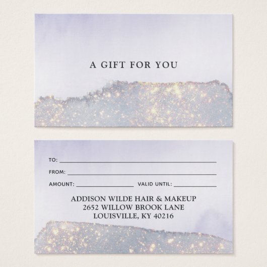 ホログラフィックパープルグリッターラグジュアリーグラムギフトカード (正面&裏面)