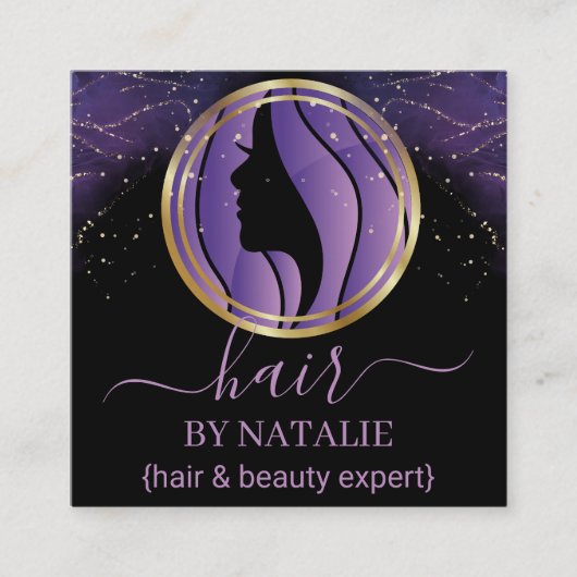 ホログラフィックパープルグリッターラグジュアリーグラムヘアスタイリスト スクエア名刺 (正面)