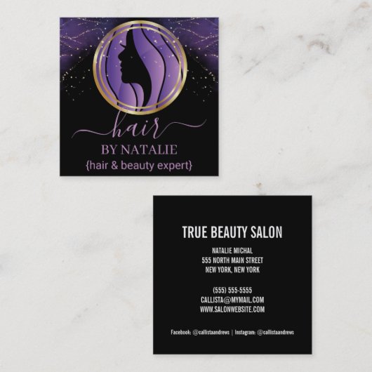 ホログラフィックパープルグリッターラグジュアリーグラムヘアスタイリスト スクエア名刺 (正面/裏面)