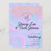 ホログラフィックパープルピンクグリッターボタニッ結婚クス 招待状 (正面/裏面)