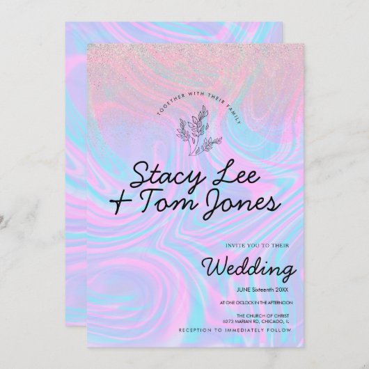 ホログラフィックパープルピンクグリッターボタニッ結婚クス 招待状 (正面/裏面)