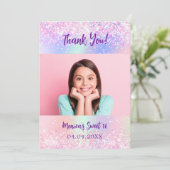 ホログラフィックパープル写真Sweet 16サンキューカード 招待状 (スタンド正面)