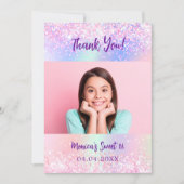 ホログラフィックパープル写真Sweet 16サンキューカード 招待状 (正面)