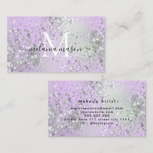ホログラフィックパープル輝くグリッターメイクアップアーティスト 名刺 (正面/裏面)