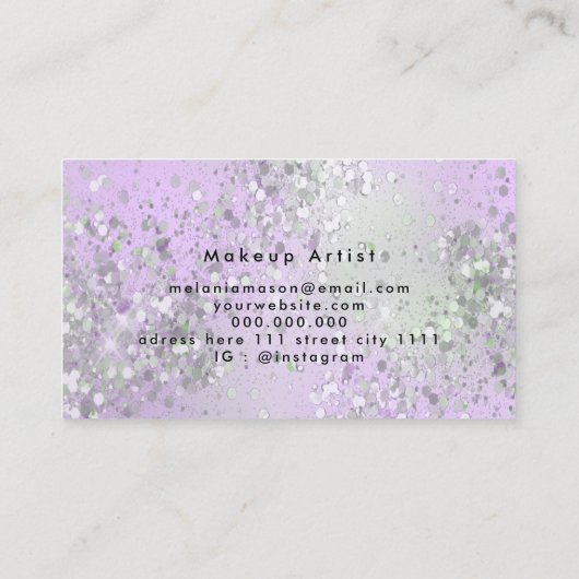 ホログラフィックパープル輝くグリッターメイクアップアーティスト 名刺 (裏面)
