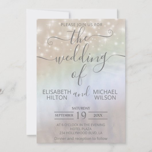 ホログラフィックパール輝くロマンチックなトレンディー 招待状 (正面)