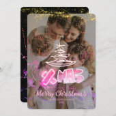 ホログラフィックピンクと金色のシックなクリスマスグローフォト シーズンカード (正面/裏面)