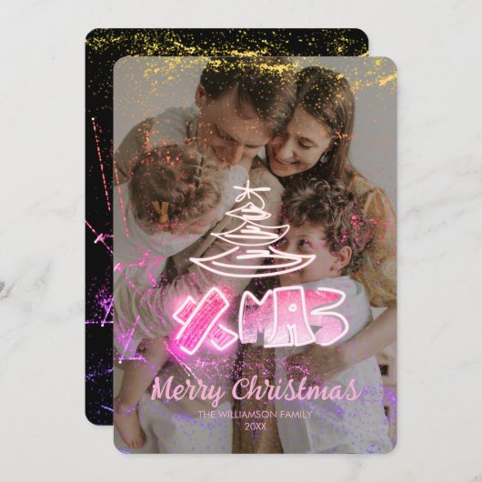 ホログラフィックピンクと金色のシックなクリスマスグローフォト シーズンカード (正面/裏面)