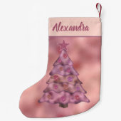 ホログラフィックピンクのクリスマスツリーの両面の名前 スモールクリスマスストッキング (裏面)