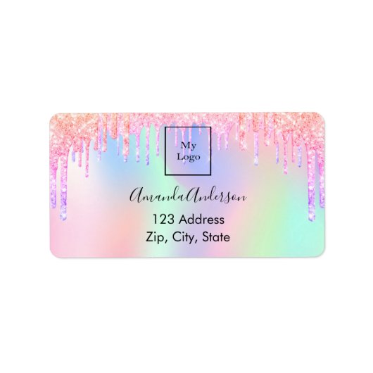 ホログラフィックピンクのドリップビジネス差出人住所 ラベル (正面)
