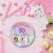 ホログラフィックピンクのフォトコラージュ誕生日 ペーパープレート (パーティー)