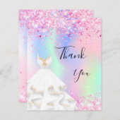 ホログラフィックピンクのホワイトドレスサンキューカード (正面/裏面)