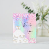 ホログラフィックピンクのホワイトドレスサンキューカード (スタンド正面)