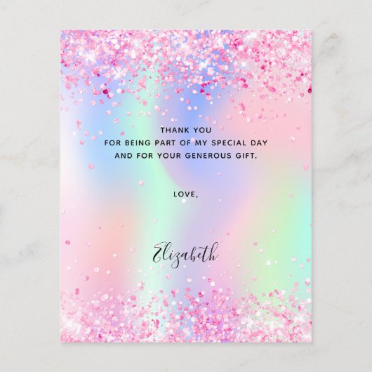 ホログラフィックピンクのホワイトドレスサンキューカード (裏面)
