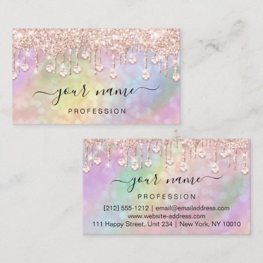 ホログラフィックピンクのローズドリップスメイクアップアーティスト 名刺 (正面/裏面)