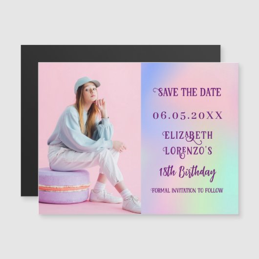 ホログラフィックピンクの写真の誕生日の保存 (正面/裏面)