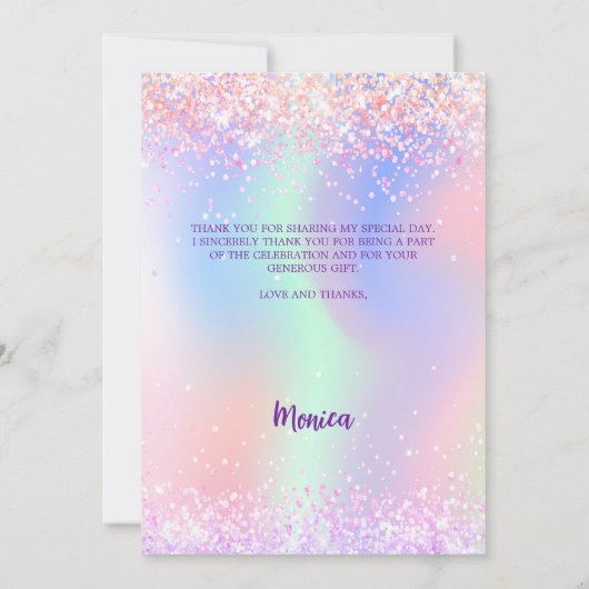 ホログラフィックピンクの写真の誕生日サンキューカード 招待状 (裏面)