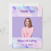 ホログラフィックピンクの写真の誕生日サンキューカード 招待状 (正面)