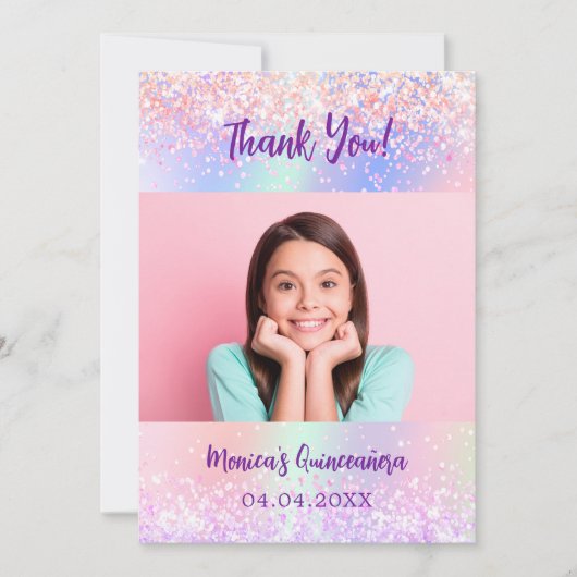 ホログラフィックピンクの写真キンセアニェラサンキューカード 招待状 (正面)