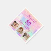ホログラフィックピンクの写真グリッター誕生日 スタンダードカクテルナプキン (角)